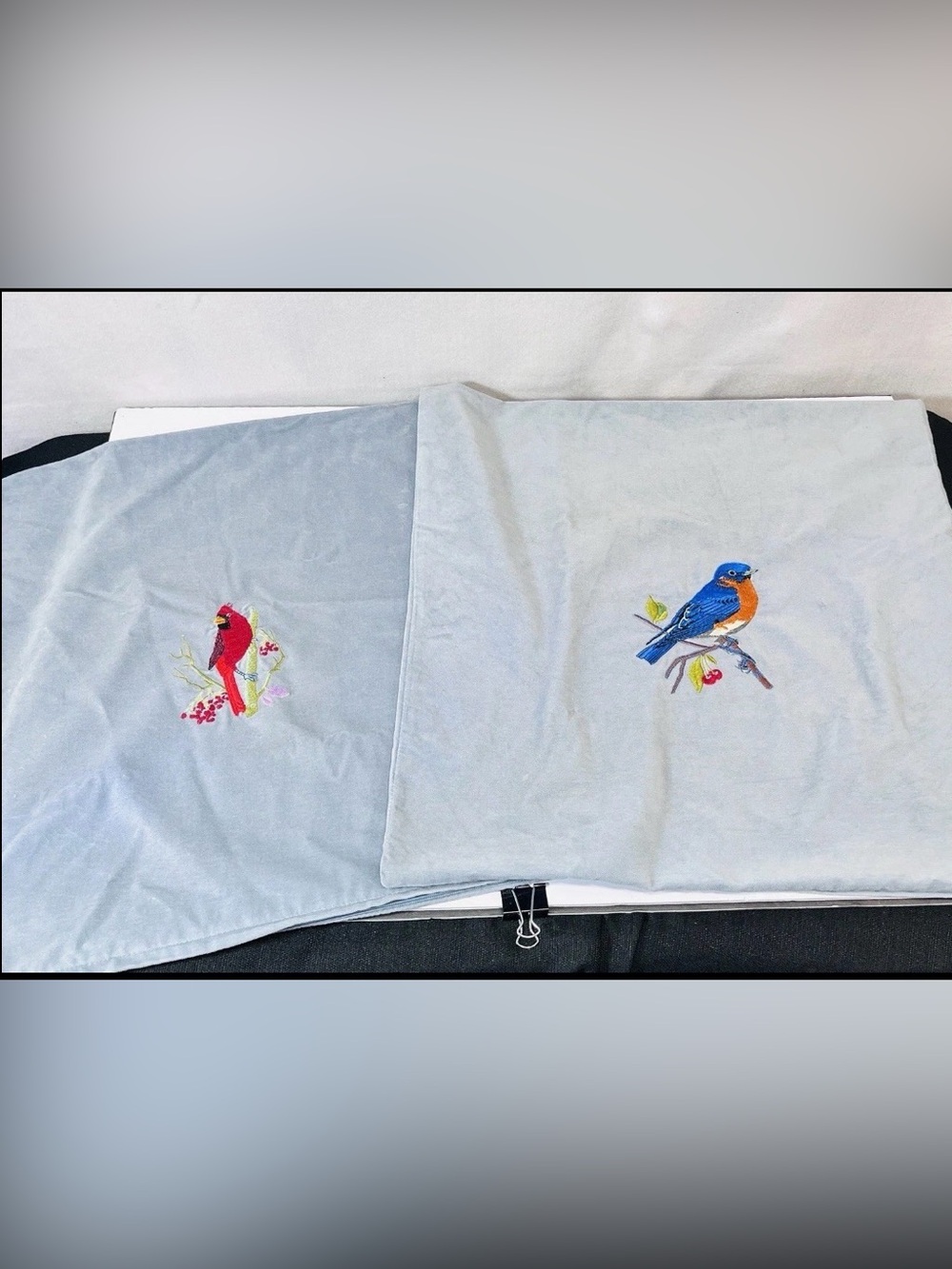 Set Of 2 Dusty Blue Cardinal/ Eastern Bluebird 20 X 20 Pillow Covers Embroidered